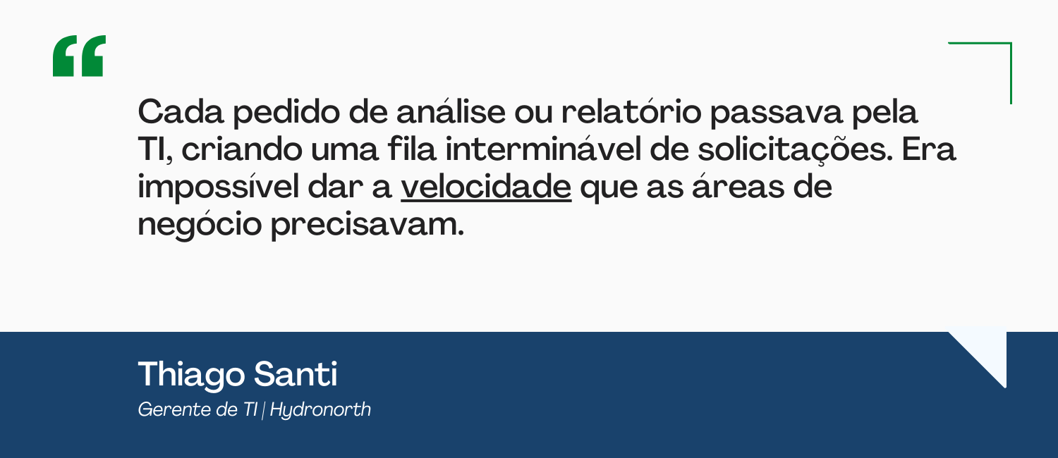 "Cada pedido de análise ou relatório passava pela TI, criando uma fila interminável de solicitações. Era impossível dar a velocidade que as áreas de negócio precisavam."