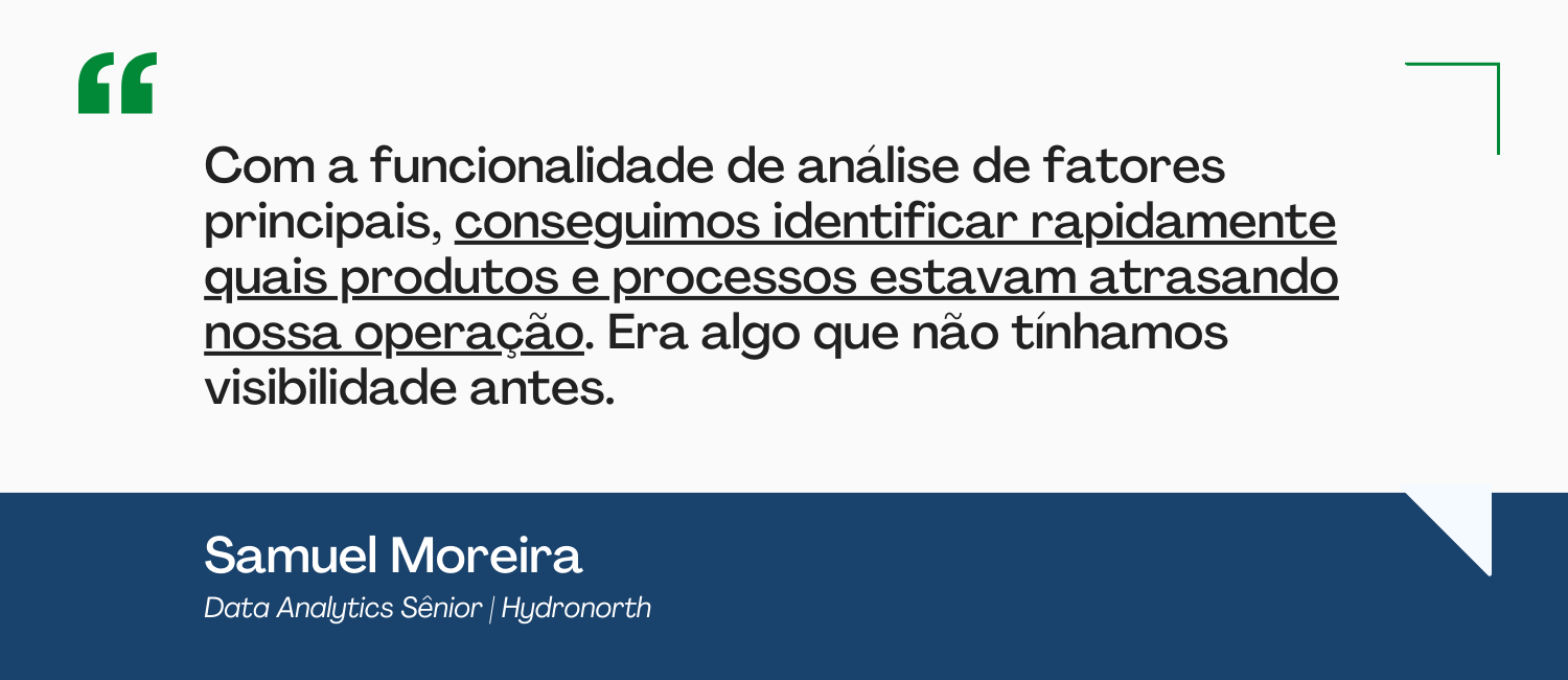 “Com a funcionalidade de análise de fatores principais, conseguimos identificar rapidamente quais produtos e processos estavam atrasando nossa operação. Era algo que não tínhamos visibilidade antes.”